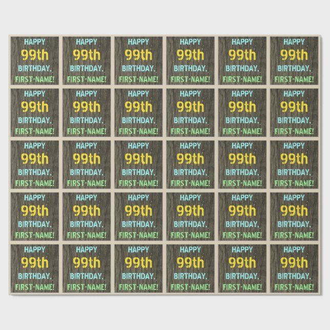 Papier Cadeau Faux Wood, Peint Texte Look, 99e anniversaire + No (Plat)