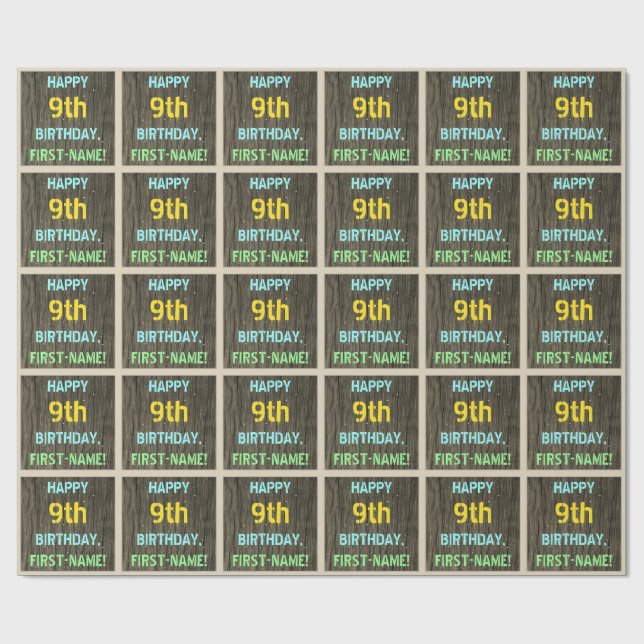 Papier Cadeau Faux Wood, Peint Texte Look, 9e anniversaire + nom (Plat)