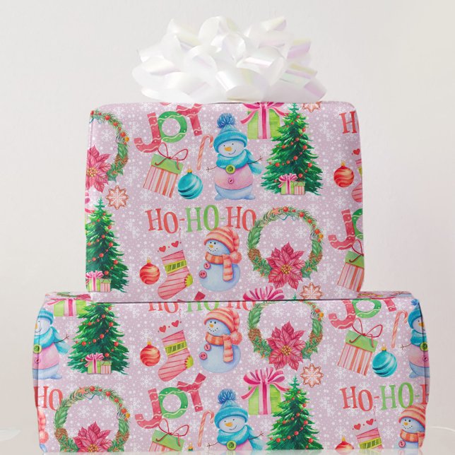 Papier Cadeau Favoris de Noël Pink Snowman Aquarelle (Créateur téléchargé)