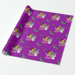 Papier Cadeau Fée Capriceuse Violette, Fleurs, Papillons