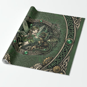 Papier Cadeau Fée émeraude celtique et dragon – Fantaisie enchan