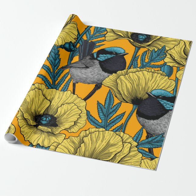 Papier Cadeau Fée et pavots en jaune (Déroulé)