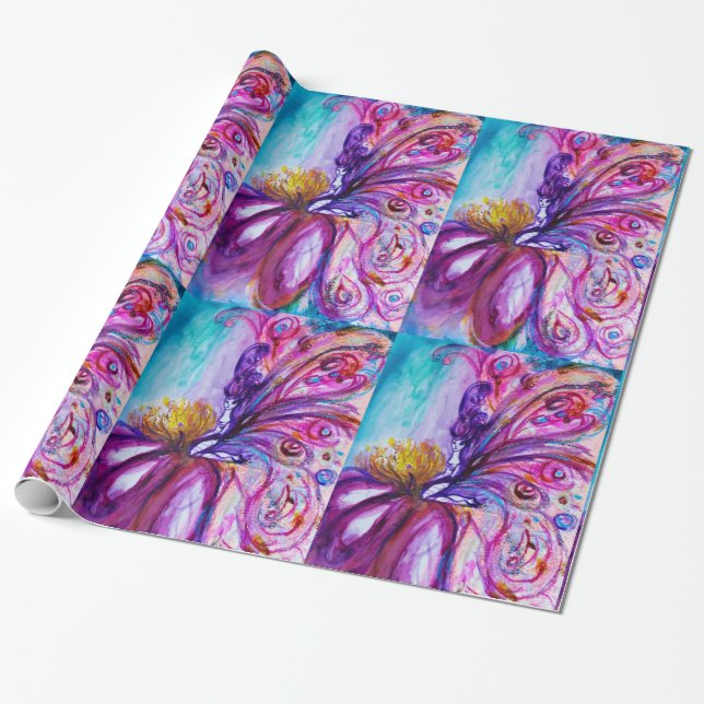 PAPIER CADEAU FÉE FLEUR WHIMSICALE MIGNONNE EN ROSE, ÉCLAIRS D'O (Déroulé)