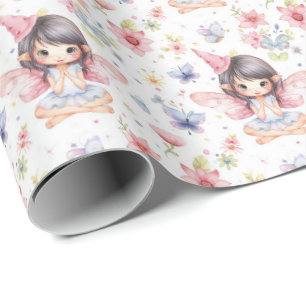 Papier Cadeau Fée mignonne en Casquette d'anniversaire, Fleurs, 