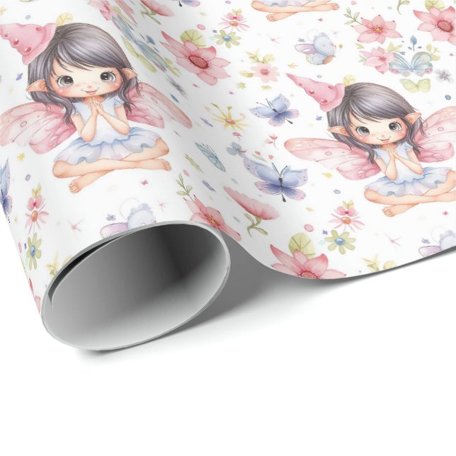 Papier Cadeau Fée mignonne en Casquette d'anniversaire, Fleurs,  (Coin rond)