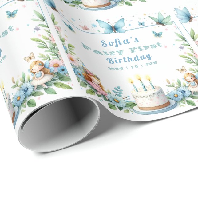 Papier Cadeau Fée Papillon Pastel Bleu Premier Anniversaire - (Coin rond)