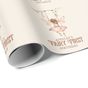 Papier Cadeau Fée rose pâle personnalisée Premier 1er anniversai