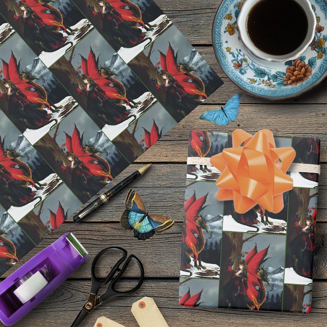 Papier Cadeau Fée Rouge de Printemps Mère Nature Fantaisie (Créateur téléchargé)