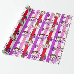 Papier Cadeau Fées, fleurs et papillons violets et roses