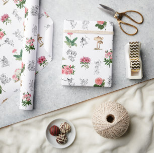 Papier Cadeau Fées Rose Floral & Champignons Motif de fées