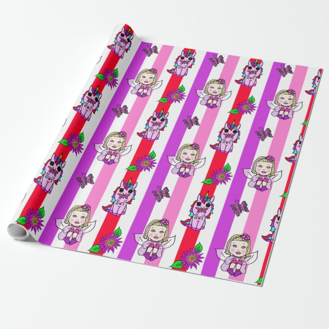 Papier Cadeau Fées violettes et roses, Fleurs et Papillons (Déroulé)