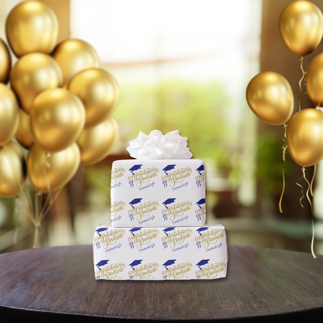 Papier Cadeau Félicitations Année Supérieure Monogram Blue Gold (Créateur téléchargé)