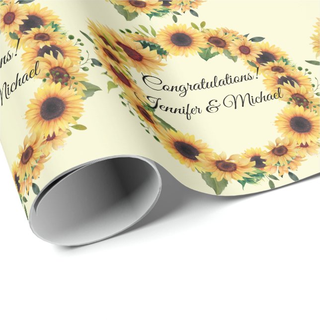 Papier Cadeau Félicitations de mariage tournesol Ajouter des nom (Coin rond)