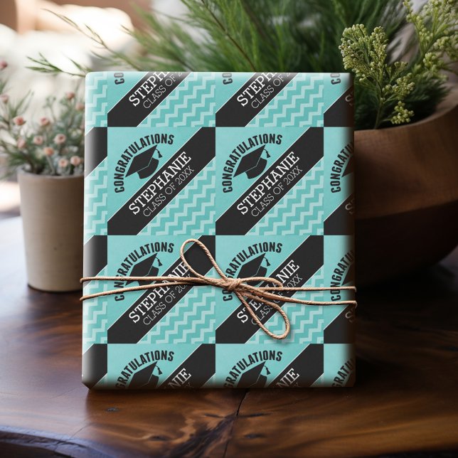Papier Cadeau Félicitations Diplômé - Aqua Black Graduation (Personalized Graduation Wrapping Paper)