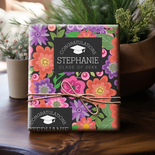 Papier Cadeau Félicitations Diplômée Fleurs Filles Diplômée (Personalized Graduation Wrapping Paper)