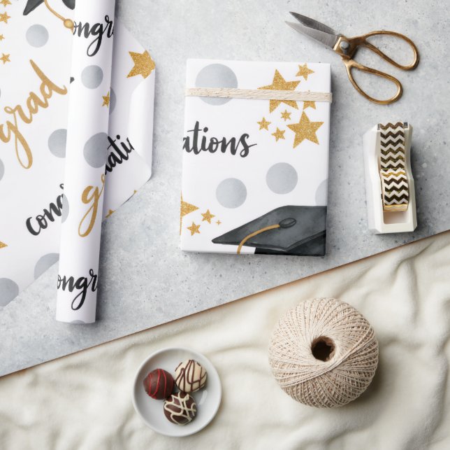 Papier Cadeau Félicitations Grad Étoiles Dorées Grises à Points  (Artisanat)