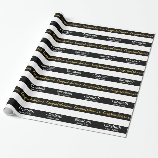 Papier Cadeau Félicitations Nom du diplômé Rayures noires et bla (Déroulé)
