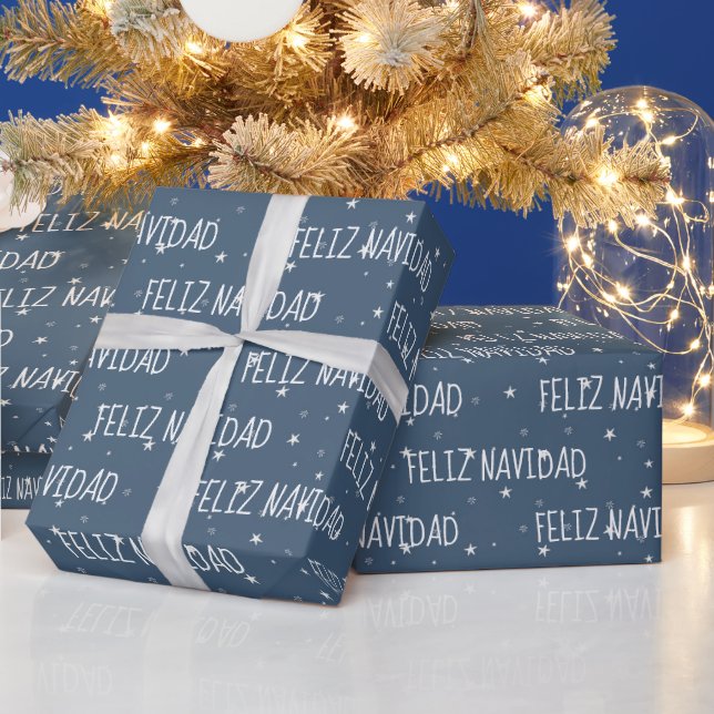 Papier Cadeau Feliz Navidad avec étoiles en bleu (Vacances)
