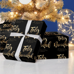 Papier Cadeau Feliz Navidad Elegant Script noir et or Chic H
