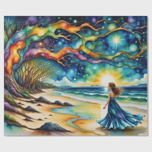 Papier Cadeau Femme, arbre coloré de vie sur la plage de l'océan