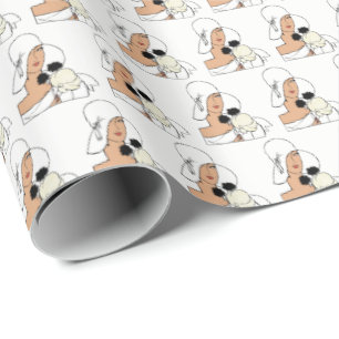 Papier Cadeau Femme Art Déco Vintage avec Fleurs Portant un Chap