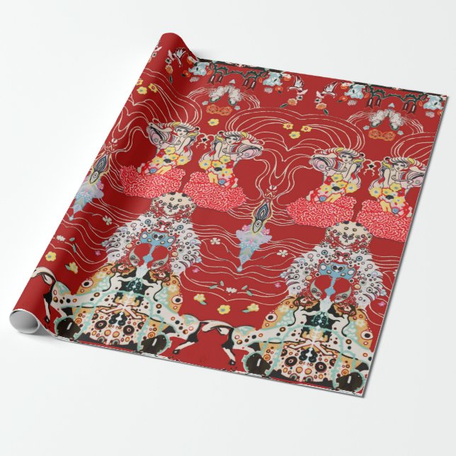 Papier Cadeau FEMME, CENTAUR FLORAL Royal Rouge Blanc Klimt Moti (Déroulé)