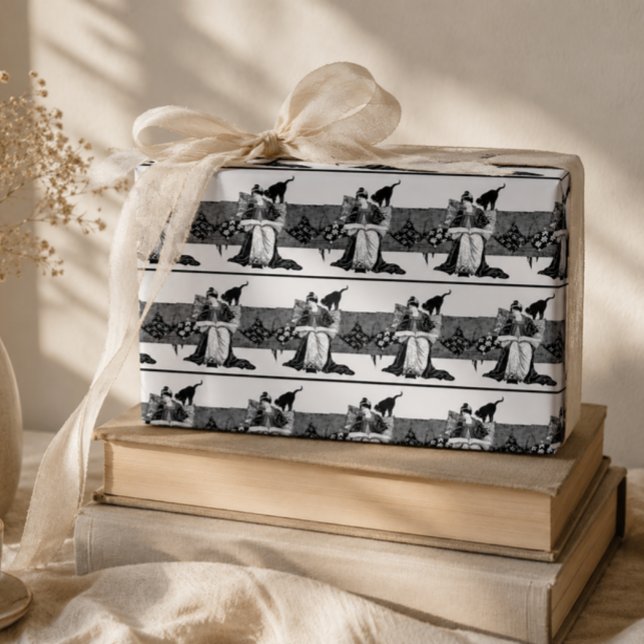 Papier Cadeau Femme lisant avec un chat noir (Créateur téléchargé)