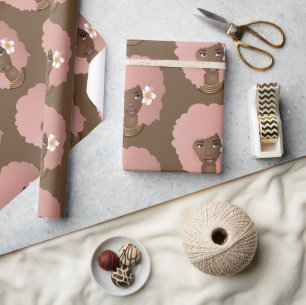 Papier Cadeau Femme noire, Afro rose avec Fleur, Brown