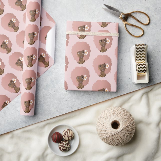 Papier Cadeau Femme noire, Fleur dans ses cheveux roses, rose (Artisanat)