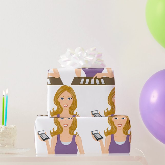 Papier Cadeau Femme qui gère son budget avec une calculatrice Fi (Créateur téléchargé)