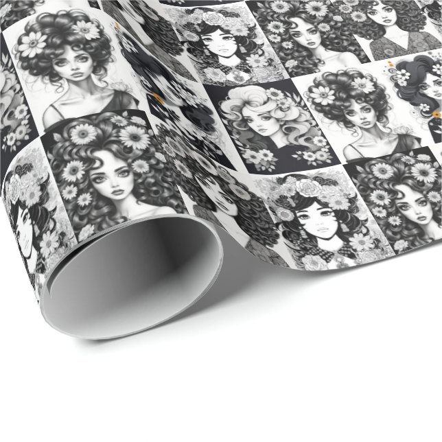 Papier Cadeau Femmes Whimsical en noir et blanc (Coin rond)