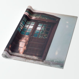Papier Cadeau FENÊTRE EN BOIS Brown SUR MUR EN BÉTON BLEU