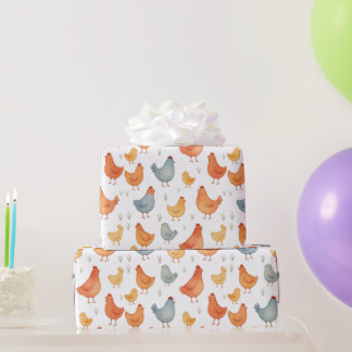 Papier Cadeau Ferme de poulets aquarelle colorée capricieuse