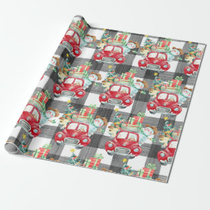 Papier Cadeau Ferme Noël Vintage Camion rouge vierge et plaid