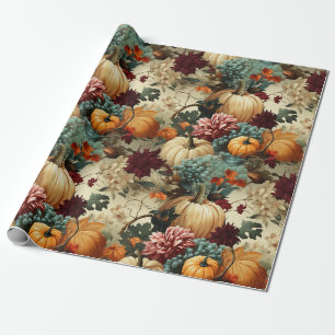 Papier Cadeau Ferme Rustique Citrouille Orange Floral Vintage