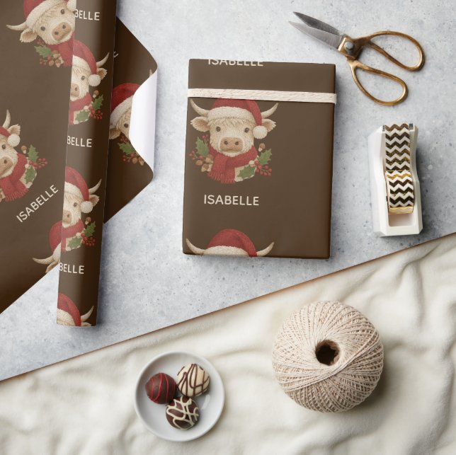 Papier Cadeau Ferme rustique Highland Cow avec Santa Hat (Artisanat)