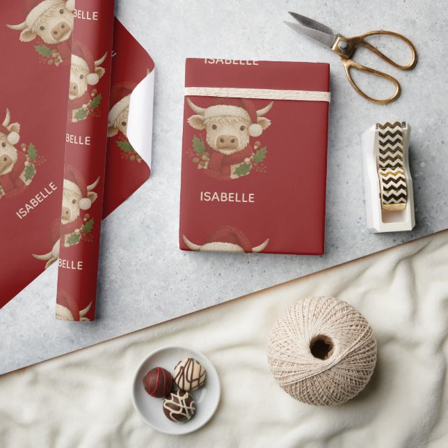 Papier Cadeau Ferme rustique Highland Cow avec Santa Hat (Artisanat)