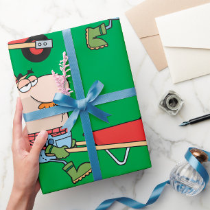 Papier Cadeau Fermier de dessin animé avec brouette et outils