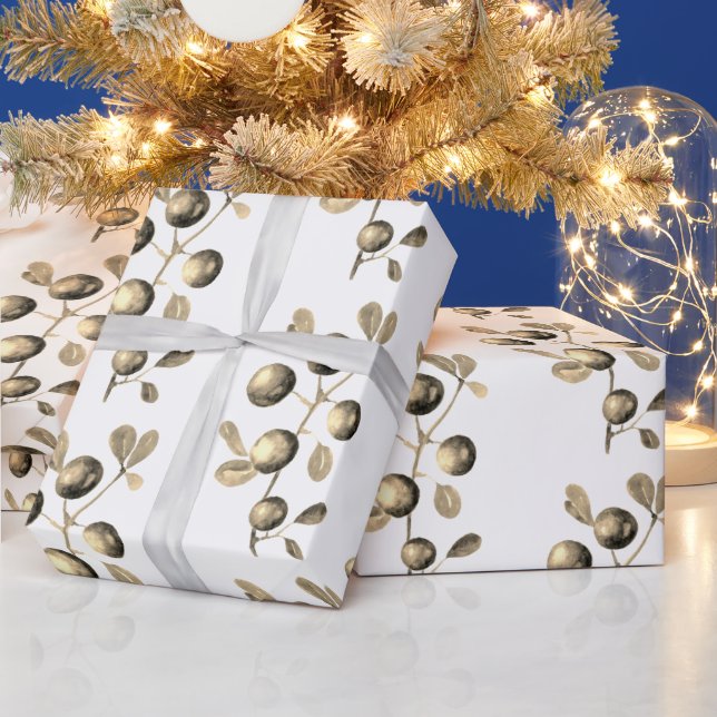 Papier Cadeau Festif Aquarelle de Noël Berries Beige Or (Vacances)