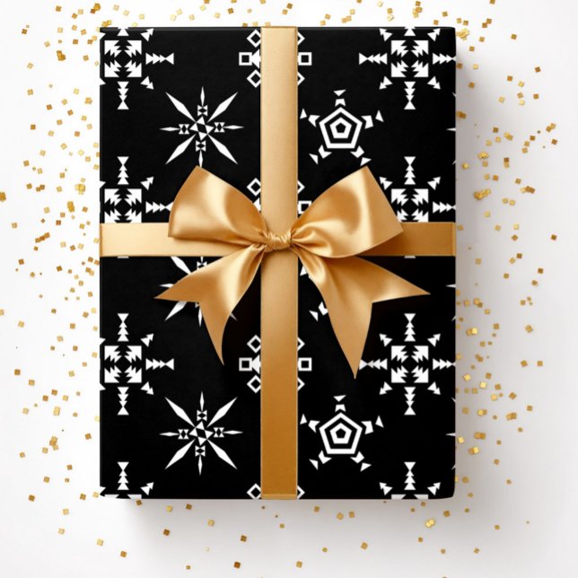 Papier Cadeau Festif Black Winter Snowflake Motif Noël (Black Festive Christmas Winter Snowflake Pattern Wrapping Paper)