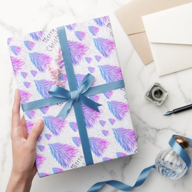 Papier Cadeau Festif bleu rose Arbre de Noël Aquarelle (Cadeaux)