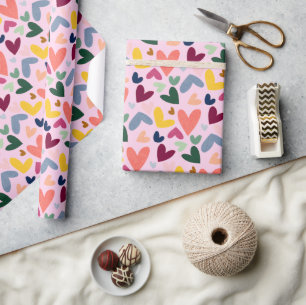 Papier Cadeau Festif Blush Rouge Rose Bleu Vert Coeur Motif