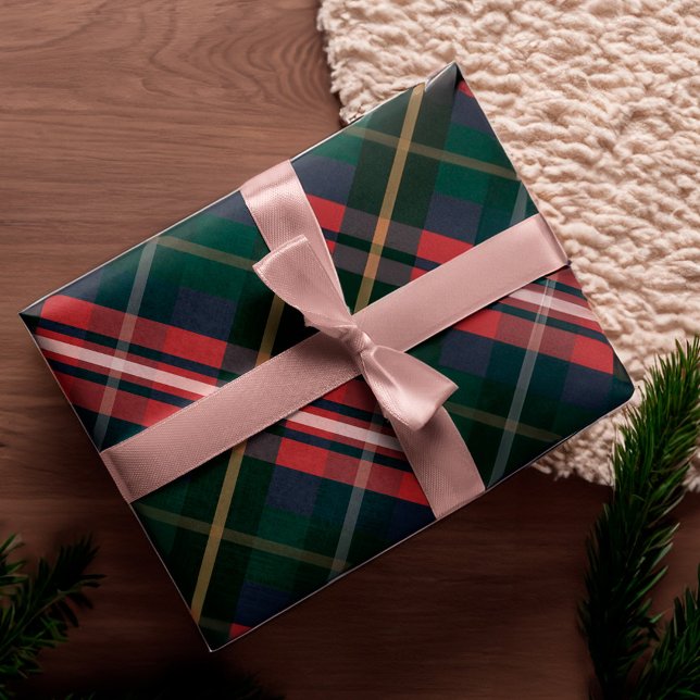 Papier Cadeau Festif élégant rouge foncé et vert Motif plat (Festive Stylish Dark Red & Green Plaid Pattern Wrapping Paper)