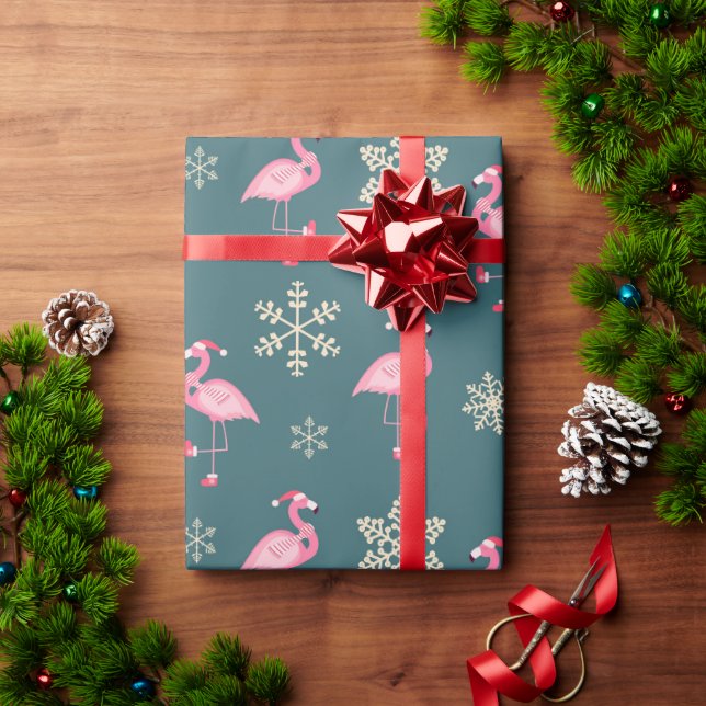Papier Cadeau Festif flamingo motif de Noël avec des flocons de  (Cadeau de vacances)