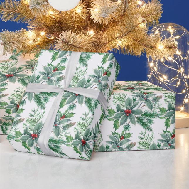 Papier Cadeau Festif Holly Berry Aquarelle Noël (Vacances)