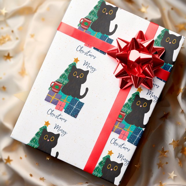 Papier Cadeau Festif Joyeux Noël mignon Cat noir café Art (Créateur téléchargé)