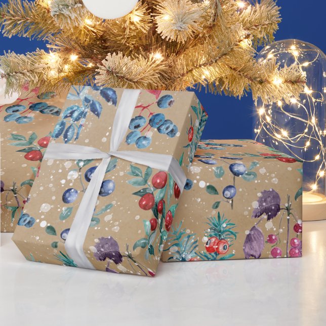Papier Cadeau Festif Moderne Aquarelle Berries à neige Kraft (Vacances)
