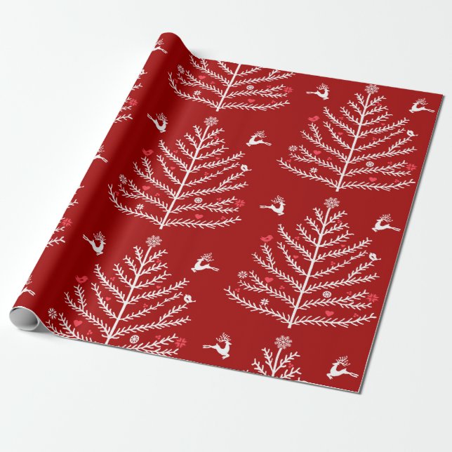 Papier Cadeau Festif moderne Nordic Christmas Tree Deer Red (Déroulé)