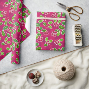 Papier Cadeau Festif Motif de feuillage de canneberge, Fuchsia
