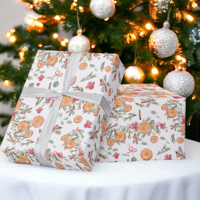Papier Cadeau Festif Orange Pine floral Aquarelle (Festive Orange Pine floral Watercolor Holiday Wrapping Paper)